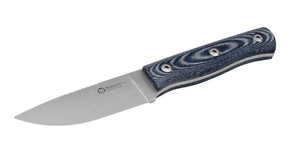 el cuchillo Maserin Path M390 con mango de Micarta azul denim y funda de cuero con cierre magnético. Ideal para EDC y aventuras al aire libre.