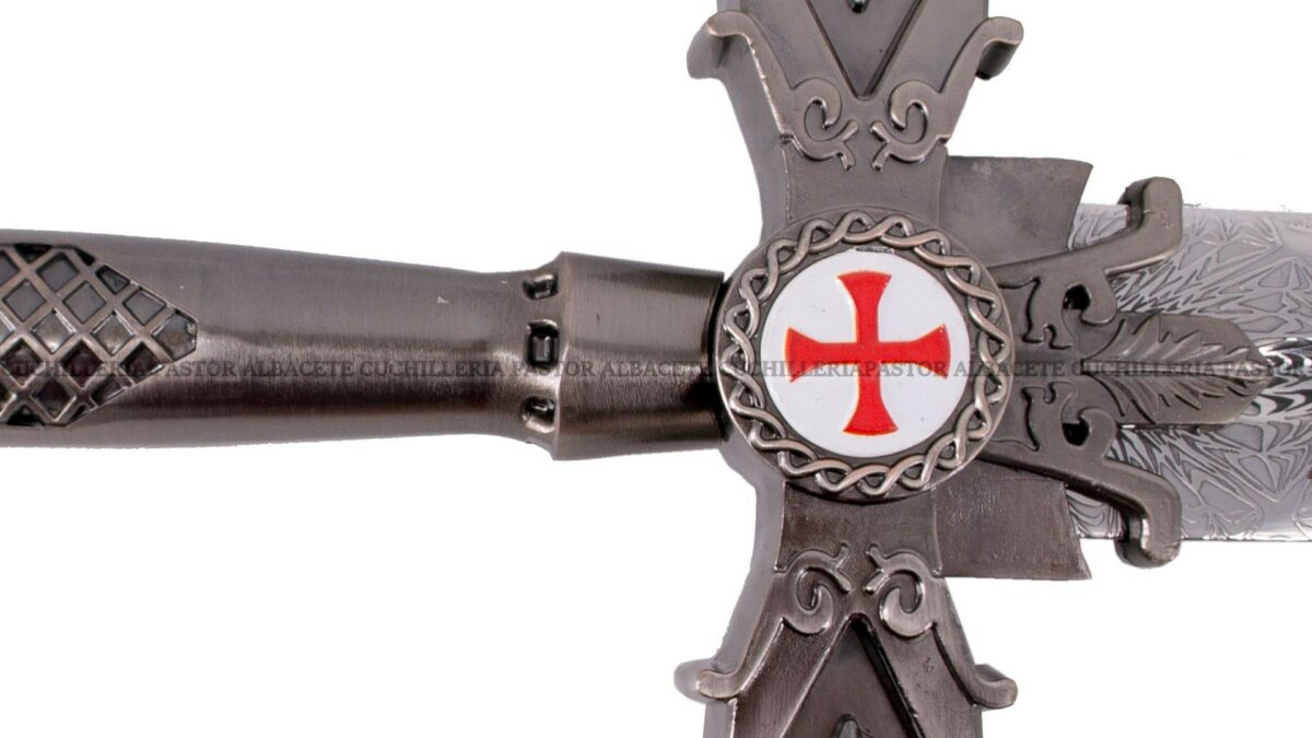Espada Templaria -  Acero con Cruz – Damasco y Soporte - Imagen 4