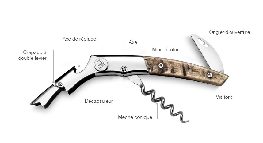 El Sommelier Le Thiers Dozorme 3237 es un sacacorchos profesional de alta gama, diseñado y fabricado artesanalmente en Thiers, Francia,