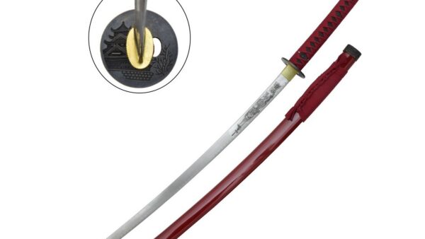 Katana Ornamental, Funda de Madera Roja y Estuche de Seda