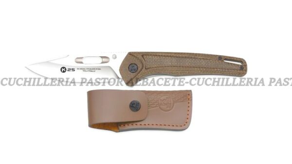 Navaja K25 Micarta Caramelo Acero 7Cr17Mov, Funda Cuero