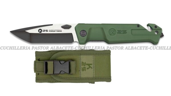 La Navaja de Rescate K25 Titanio Acero 7Cr17MoV es una herramienta táctica diseñada para ofrecer máxima fiabilidad, resistencia y funcionalidad en situaciones de emergencia.