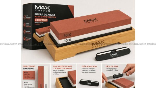La piedra de afilar MAX KNIVES 3000/8000 es la herramienta ideal para mantener tus cuchillos siempre en perfecto estado. Gracias a su doble grano, permite tanto el afilado fino como el pulido final, logrando un filo extremadamente preciso.
