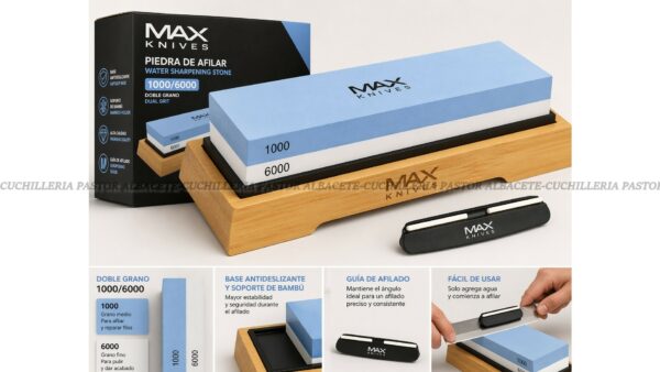 La piedra de afilar MAX KNIVES 1000/4000 es la herramienta ideal para mantener tus cuchillos siempre en perfecto estado. Gracias a su doble grano, permite tanto el afilado fino como el pulido final, logrando un filo extremadamente preciso.