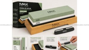 La piedra de afilar MAX KNIVES 1000/4000 es la herramienta ideal para mantener tus cuchillos siempre en perfecto estado. Gracias a su doble grano, permite tanto el afilado fino como el pulido final, logrando un filo extremadamente preciso.