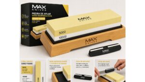 MAX KNIVES Piedra de Afilar 5000/10000 es la herramienta ideal para mantener tus cuchillos siempre en perfecto estado. Gracias a su doble grano, permite tanto el afilado fino como el pulido final, logrando un filo extremadamente preciso.