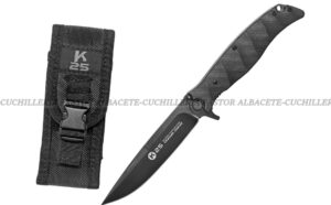 La navaja táctica K25 G10 Negro destaca por su diseño moderno y funcional, ideal para actividades al aire libre como senderismo, camping o supervivencia.