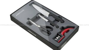 Juego de Cocina Arcos Serie 2900 4 Piezas con Acero Inoxidable Nitrum – Tijeras, Cuchillo Chef, Pelador y Afilador